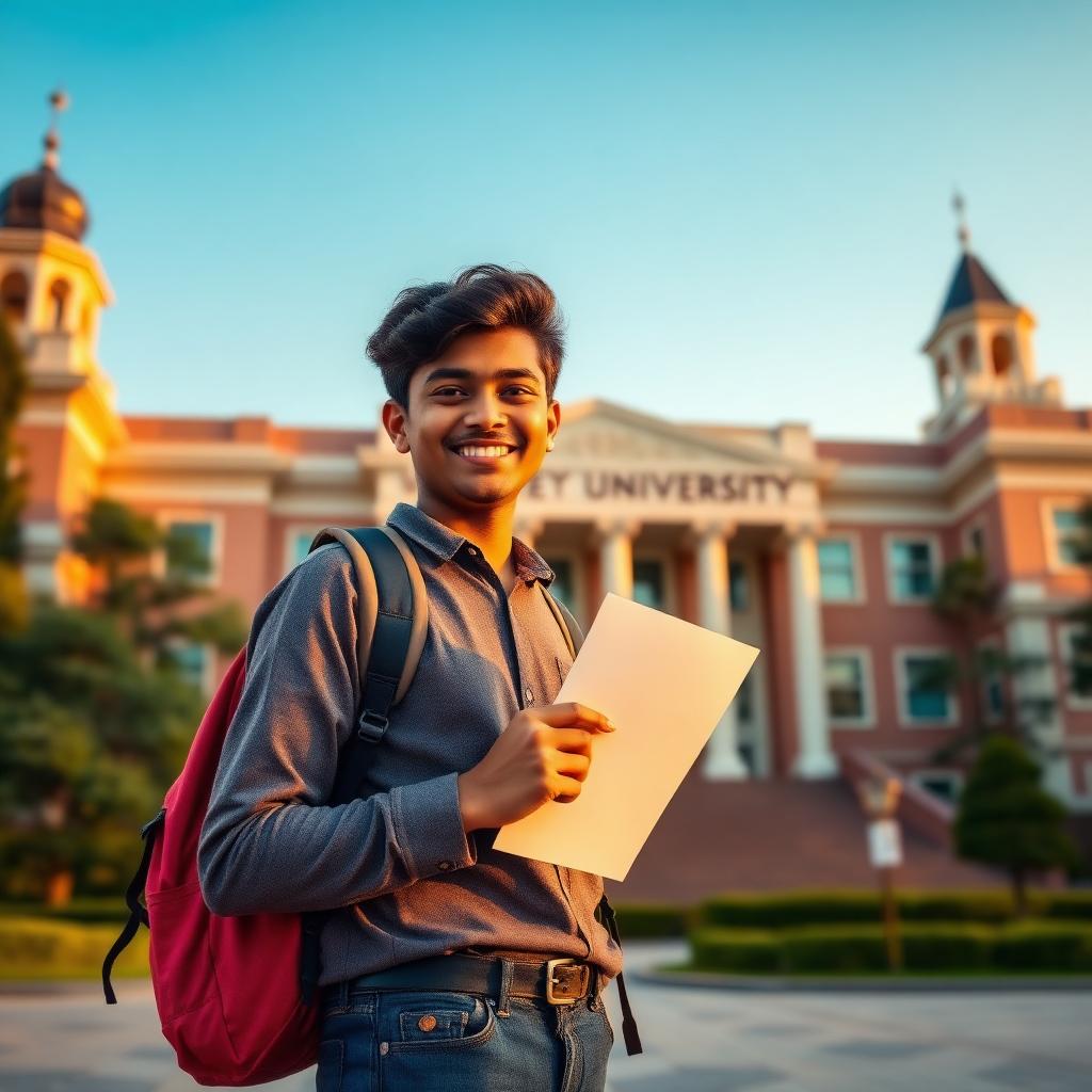 Indian student with admission letter outside university