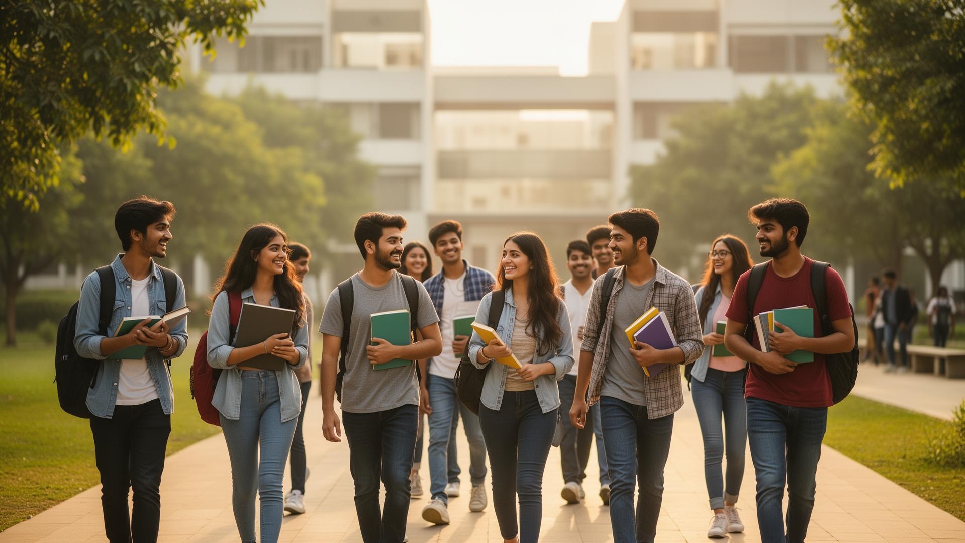 Diverse group of Indian students — boys and girls — walking together on a university campus